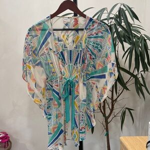 Beach Bunny Multicolor Geometric Sheer Swim Coverup with Teal Tie